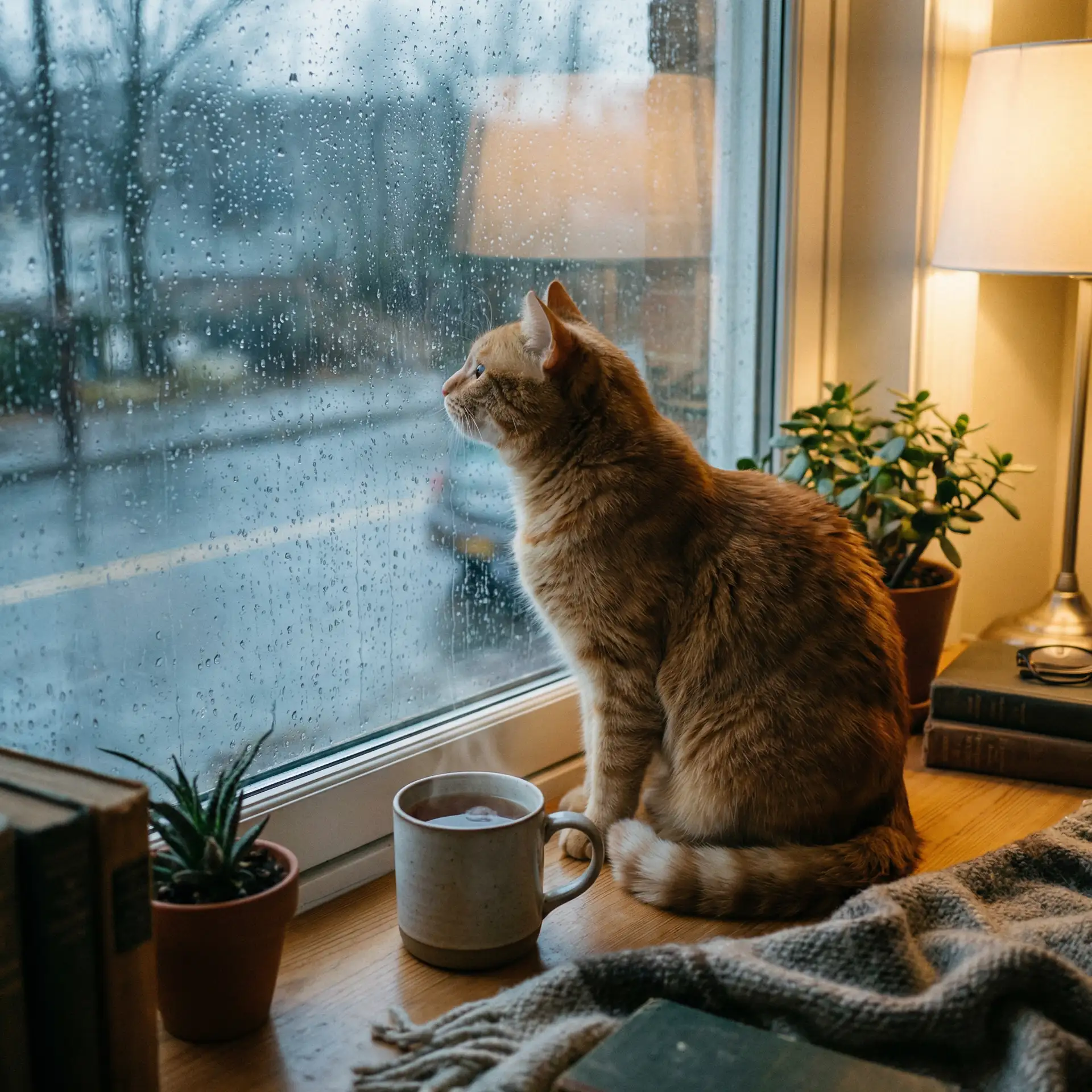 猫咪望着窗外的雨 - 剥夺业界已
